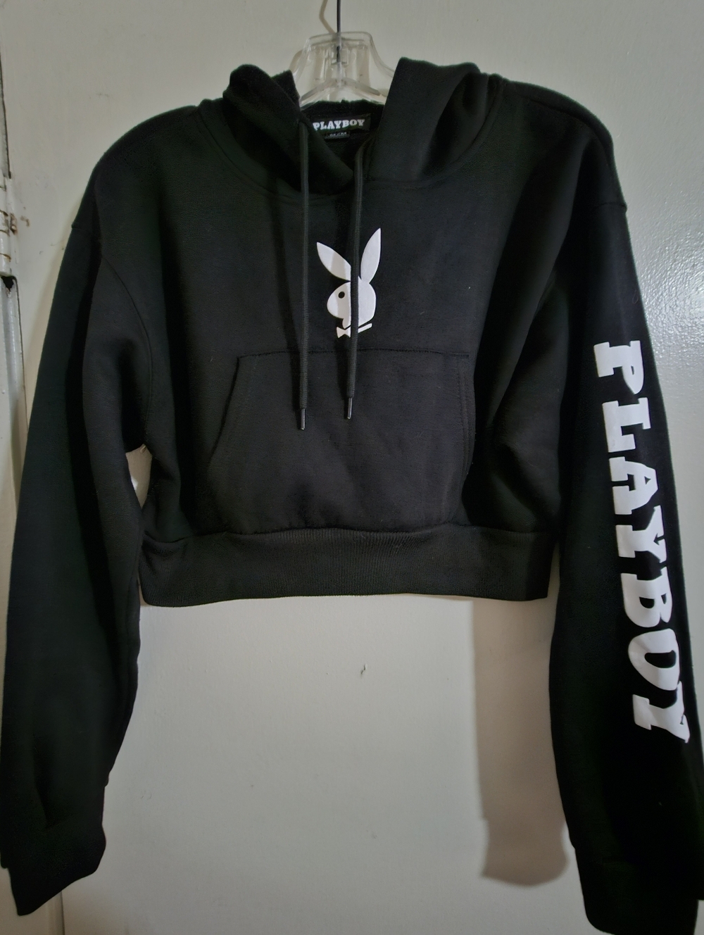 PLAYBOY Black Cropped Hoodie with White Bunny and Sleeve Logo